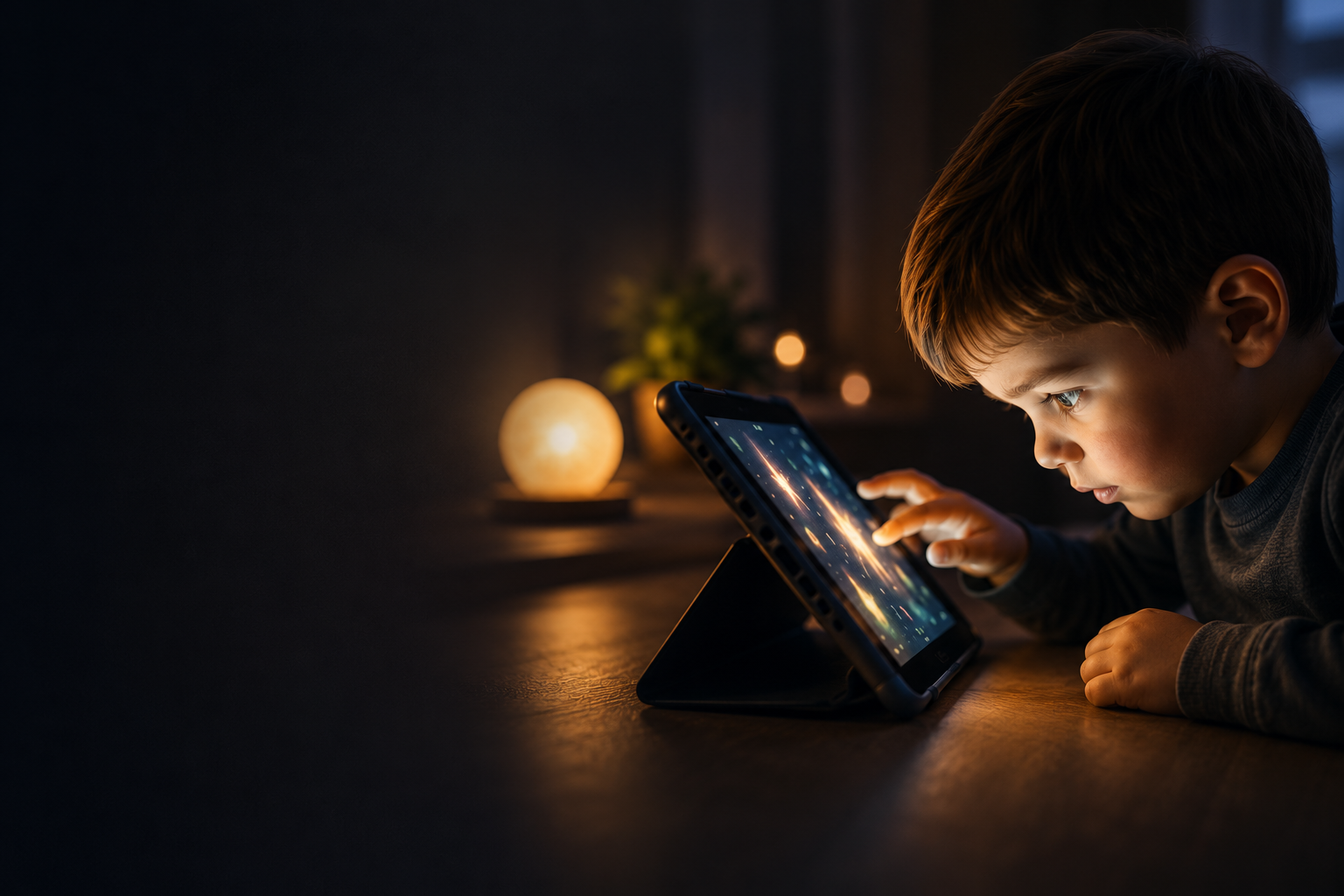 A young learner focuses intently on an illuminated tablet screen positioned close to their face in a softly lit room.